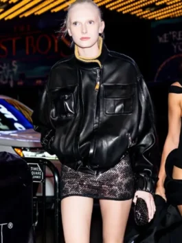 Alex Consani black leather jacket inspired by Met Gala Party style.