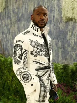 Skepta white printed jacket inspired by Met Gala fashion.