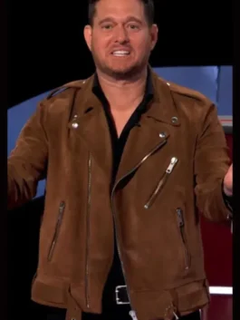 Michael Buble Brown Leather Jacket Closure View