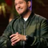 Michael Buble Camo Bomber Jacket front view showing camo print, collar, closure, and sleeve details