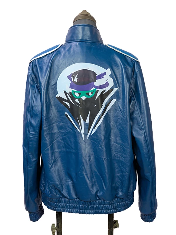 Full rear view of the blue Mortal Kombat 2 Johnny Cage leather jacket, highlighting the large printed ninja logo graphic across the center back.