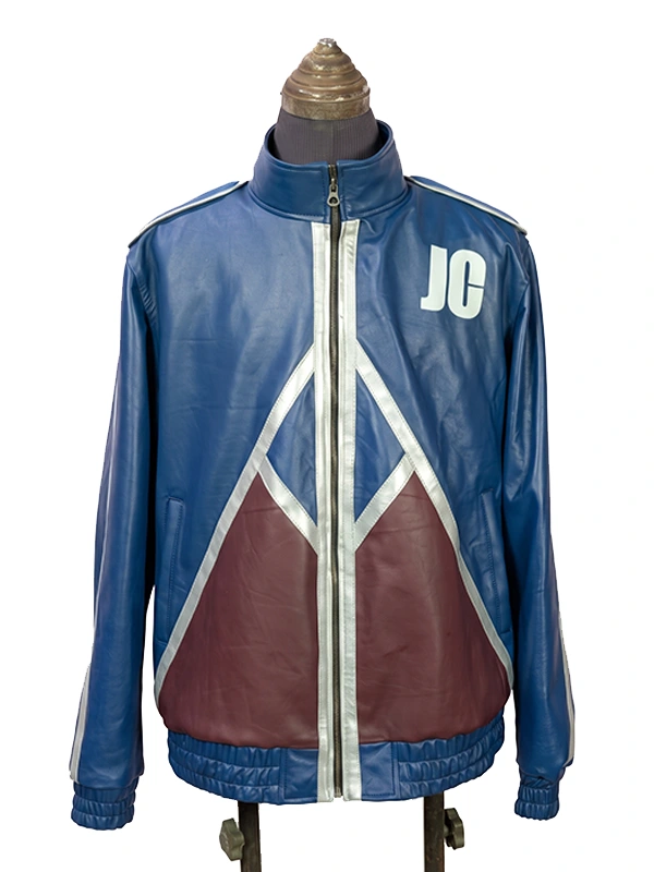 Full front view of the blue Mortal Kombat 2 Karl Urban Johnny Cage leather jacket on a mannequin torso, showcasing the white printed "JC" logo and maroon triangular pattern.