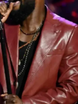 Moses G Maroon Leather Blazer close-up view showing leather texture, stitching, and blazer details