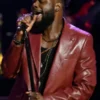 Moses G Maroon Leather Blazer front view showing lapel, closure, sleeves, and maroon leather design