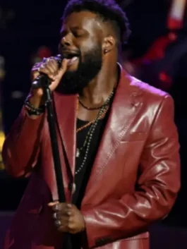 Moses G Maroon Leather Blazer front view showing lapel, closure, sleeves, and maroon leather design