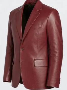 Moses G Maroon Leather Blazer view look showing maroon leather texture, blazer shape, and clean fit