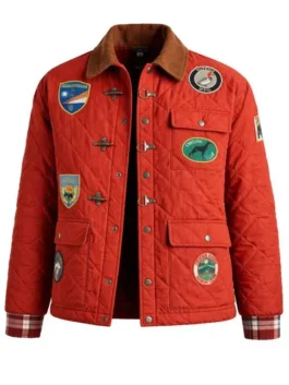 NYC red quilted jacket with bold celebrity-inspired outerwear style.