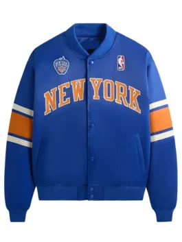 New York Knicks Patrick Ewing Blue Varsity Jacket with classic NBA-inspired styling.