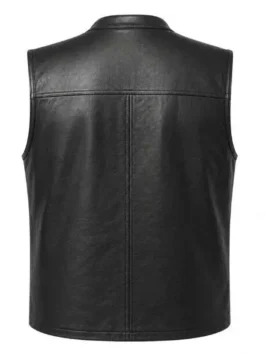 Nick Offerman leather vest with sleek black outerwear look.