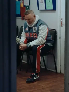 Sporty grey and white World Cup Wayne Rooney England Jacket highlighting contrasting leather sleeves and wool body paneling.