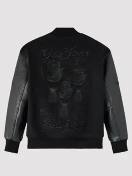 OVO Scarborough Shooting Stars Championship Varsity Jacket with black varsity body, leather sleeves, and snap front