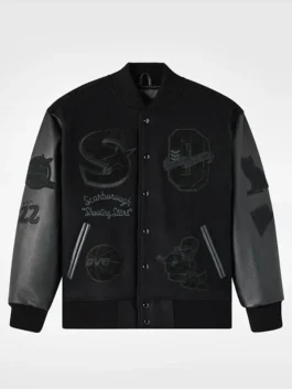 OVO Scarborough Shooting Stars Championship Varsity Jacket in black wool with leather sleeves and ribbed trim