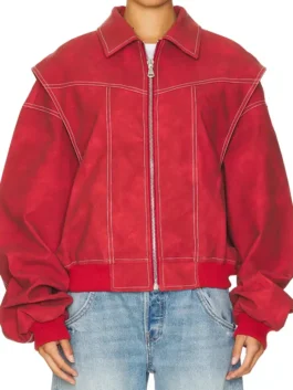 Mika Abdalla red bomber jacket inspired by Off Campus TV style.