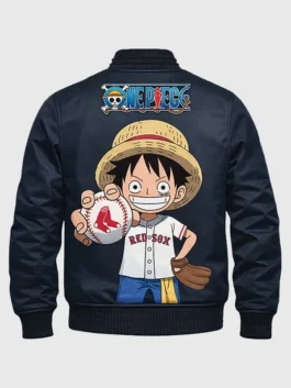 One Piece Red Sox Jacket back view showing rear design, sleeve shape, and relaxed jacket fit