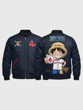 One Piece Red Sox Jacket front and back design showing both sides, logo details, and jacket shape