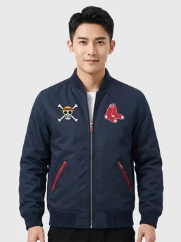 One Piece Red Sox Jacket front view showing collar, closure, pockets, and sporty jacket design