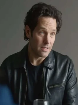 Power Ballad black leather jacket with clean front design and polished outerwear look.