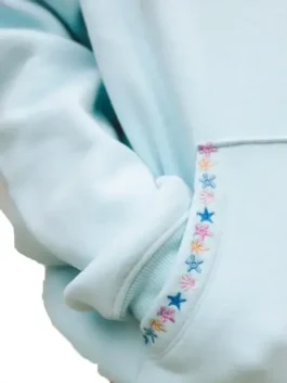 Front view of Pink Palm Puff sky blue pullover hoodie with hooded collar and pouch pocket
