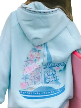 Pink Palm Puff Chase The Sun sky blue oversized hoodie with beach-inspired graphic design