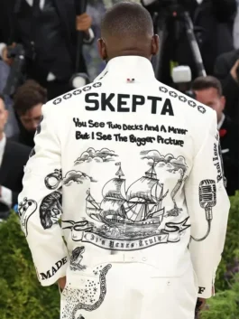 Met Gala white printed jacket with bold celebrity-inspired style.