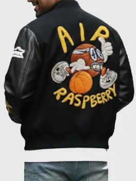 Black letterman jacket with Raspberry Hills x Nike-inspired outerwear style.