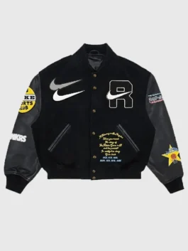 Raspberry Hills x Nike Black Varsity Jacket with bold streetwear-inspired styling.