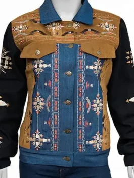 Reba Embroidered Suede Denim Jacket close-up view showing embroidery, stitching, and textured fabric finish