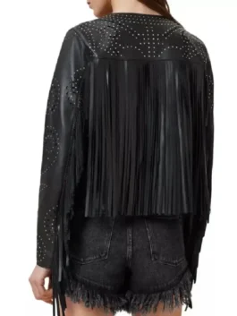 Reba McEntire Black Fringed Leather Jacket back view showing rear fringe details and black leather jacket shape