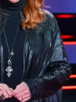 Reba McEntire Black Fringed Leather Jacket close-up view showing fringe detail, stitching, and leather texture