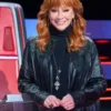 Reba McEntire Black Fringed Leather Jacket front view showing fringe accents, collar, and leather design