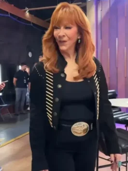 Reba McEntire Black Leather Fringe Jacket Closure Look
