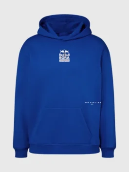 Red Bull BORA Hansgrohe Royal Blue Lifestyle Hoodie front view with pouch pocket and hood
