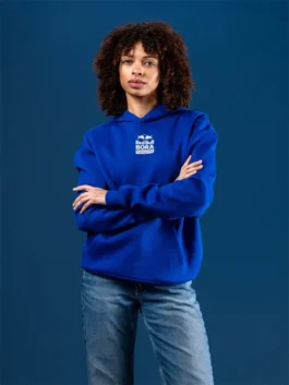 Women wearing Red Bull BORA Hansgrohe Royal Blue Lifestyle Hoodie with relaxed fit design