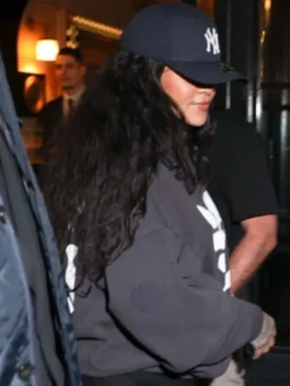BadGalRiri black hoodie inspired by Rihanna’s casual fashion look.