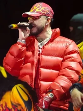 Ryan Castro 2026 Red Puffer Jacket with bold padded celebrity styling.