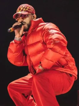 Red puffer jacket inspired by Ryan Castro 2026 celebrity fashion.