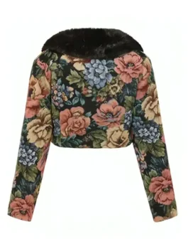 S01 Kaitlin Olson Jacquard Fur Coat back view showing rear jacquard pattern, sleeve shape, and fur coat fit