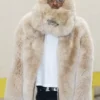 SGA Oversized Beige Fur Coat with bold front styling.