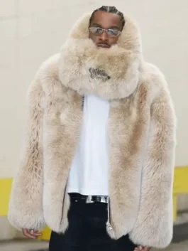 SGA Oversized Beige Fur Coat with bold front styling.