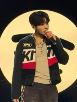Jung Kook black jacket inspired by BTS Swimside Event 2026 style.