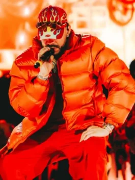 Ryan Castro red puffer jacket with warm quilted look and casual fit.