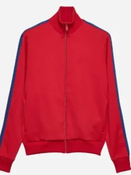Billie Eilish track jacket with red color and relaxed athletic styling.