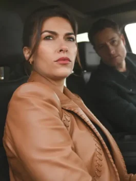 Tracker S03 brown leather blazer with clean TV-inspired outerwear look.