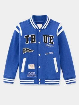 Street Fighter blue varsity jacket with bold movie-inspired look.