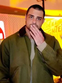 Noah Centineo green jacket inspired by Street Fighter Premiere style.