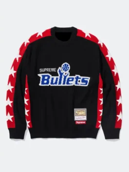 Supreme x Mitchell And Ness Team Sweater front view showing team graphic, collar, and clean sweater fit