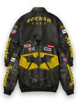 Supreme x The Batman Black Leather Jacket front view.