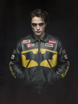 Supreme x The Batman black leather jacket with bold styling.