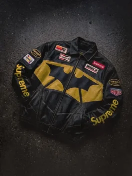 Supreme Batman jacket with sleek black leather outerwear design.