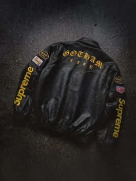 Black leather jacket inspired by Supreme x The Batman style.